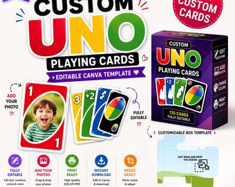 Custom UNO Card Game Canva Template Personalized Photo Playing Cards and Box Editable Uno Cards (Digital Download)