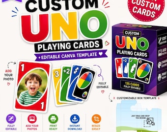 Custom UNO Card Game Canva Template Personalized Photo Playing Cards and Box Editable Uno Cards (Digital Download)