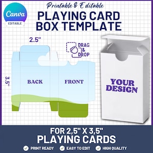 May include: A printable and editable playing card box template featuring a flat layout with back and front panels labeled, alongside a 3D white box mockup. The template includes dimensions of 2.5 inches by 3.5 inches and text reading YOUR DESIGN.