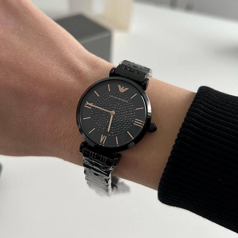 Emporio Armani AR11245 Gianni T-Bar Women Watch Black Dial Crystal Rose Gold Stainless image 1