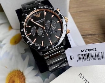 Emporio Armani AR70002 Mario Men Watch Black Ceramic Rose Gold Chronograph Quartz
