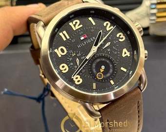 Tommy Hilfiger Men’s 45 mm Quartz — Black Dial / Brown Leather