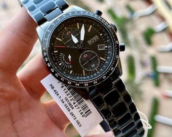 BOSS Pilot Edition Chronograph Watch  Men's Black Chronograph Watch 44MM Stainless Steel Quartz Date Tachymeter Origina