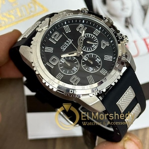 Vintage GUESS Quartz Black Dial Date Men&#39;s Wrist Watch Free Shipping.Black & White Y2k Clock.G Steel” Stainless  .New with tags
