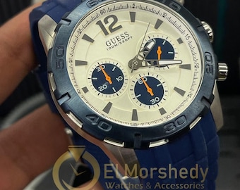 Men’s Chronograph Watch Silver Blue Dial 46mm Sport Quartz Silicone Strap 100M Waterproof