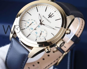 Maserati Traguardo Men’s Chronograph Watch White Dial with Blue Leather Strap .New with tags