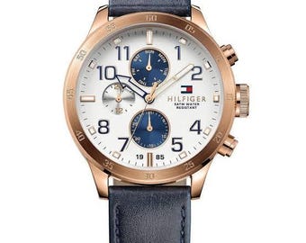 Tommy Hilfiger Men's Multifunction Blue Leather Strap Watch – Rose Gold & White Dial