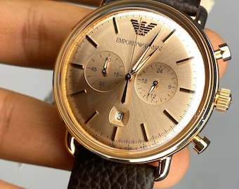 Emporio Armani Aviator AR11106 Men's Watch Chronograph Rose Gold Brown Leather 43mm