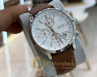 Boss Chronograph 50mm Men's Gold Plated Wrist Watch Silver Dial Genuine Leather