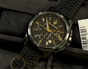 Maserati Black Chronograph Men's Watch – Gold Accents & Silicone Strap.New with tags