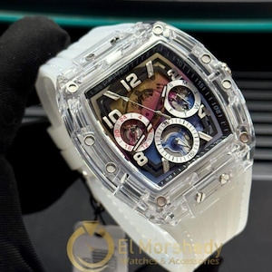 Montre chronographe Guess avec boîtier transparent : bracelet en silicone blanc, 45 mm