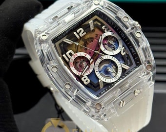 Guess Transparent Case Chronograph Watch: White Silicone Strap, 45mm