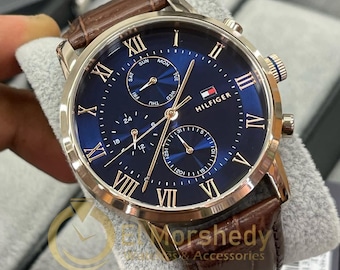 Leren Tommy Hilfiger-herenhorloge: roségoud, blauwe wijzerplaat, waterdicht