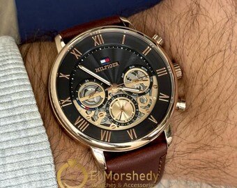 Tommy Hilfiger Men’s Multi-Function Watch – Black Dial, Rose Gold Case, Brown Leather Strap