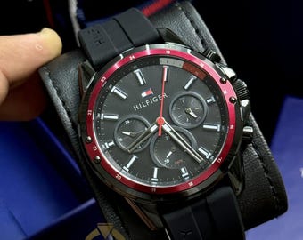 Tommy Hilfiger Men's Chronograph Watch, Black Dial & Red Bezel