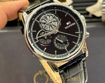 Tommy Hilfiger Men's Black Dial Multifunction Watch with Leather Strap – Elegant Stainless Steel Design