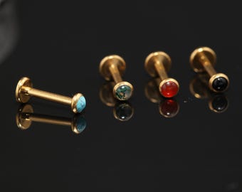 Lippenpiercing mit flacher Basis in Türkis oder Moosachat, G23, Titan, hypoallergen, Goldfinish, Labret-Stecker, 16G