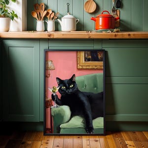 黒猫のマティーニウォールアート、レトロなバーカートの装飾、ヴィンテージオイルプリント、遊び心のある猫のホームバーポスター、かわいい猫好きへのギフト