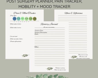 May include: A printable PDF recovery journal with pages for post-surgery planning, pain tracking, and mood tracking. The journal includes sections for notes, reflections, and positive affirmations. The cover features the text "Recovery Journal".