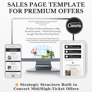 May include: A digital sales page template for premium offers, displayed on a computer monitor, tablet, and smartphone. The text includes "SALES PAGE TEMPLATE FOR PREMIUM OFFERS" and "Strategic Structure Built to Convert Mid/High-Ticket Offers."