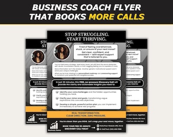 Canva-mall för affärscoachflyer, redigerbar coachkonsultationsflyer för att boka upptäcktssamtal och attrahera kunder snabbt, entreprenörsflyer