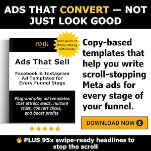 Op de afbeelding: Boekomslag "Ads That Sell" met tekst over Facebook- en Instagram-advertentiesjablonen. De omslag bevat ook een gele sterburst-afbeelding en de woorden "Download Now". De afbeelding promoot op copy gebaseerde sjablonen voor Meta-advertenties.