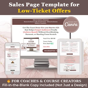 May include: A sales page template for low-ticket offers, displayed on a computer monitor, smartphone, and tablet. The text includes "Get The Exact Done-for-you Starter Kit" and "Editable With Canva." The design is in shades of brown and gold.