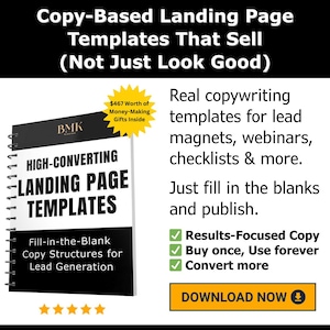 Puede incluir: Imagen que promociona "Plantillas de páginas de destino basadas en copias que venden". La portada del libro de plantillas dice "Plantillas de páginas de destino de alta conversión". La imagen también incluye texto que dice "Plantillas de redacción reales para imanes de clientes potenciales, seminarios web, listas de verificación y más."