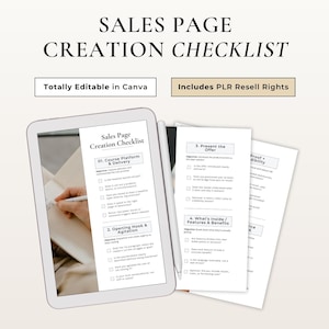 Pode incluir: Uma lista de verificação digital para a criação de páginas de vendas, exibida em um tablet e impressa em papel. O texto inclui "Sales Page Creation Checklist", "Totally Editable in Canva" e "Includes PLR Resell Rights."