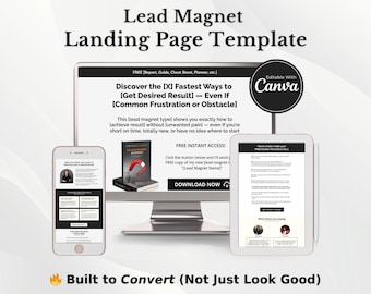 Minimalist Lead Magnet Landing Page Template Canva | Email List Builder, Sales Funnel, Coaches, Course Creators, Black, Editable