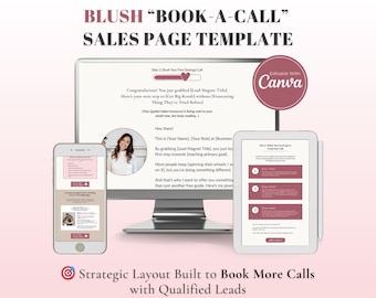 May include: A digital sales page template with a blush pink and white color scheme. The design is displayed on a desktop monitor, a smartphone, and a tablet. The text includes "BLUSH BOOK-A-CALL SALES PAGE TEMPLATE" and "Strategic Layout Built to Book More Calls with Qualified Leads."