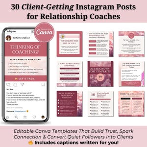 Può includere: Un prodotto digitale con 30 modelli di post di Instagram per coach di relazioni. I modelli sono in rosa e bianco, con testo come "Thinking of Coaching?" e "Ways to Reconnect This Week". Il prodotto include didascalie.