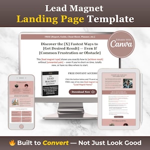 Peut inclure: Une maquette de marketing numérique intitulée "Lead Magnet Landing Page Template" affichée sur un écran d'ordinateur, une tablette et un smartphone. La conception comprend du texte et des graphiques, avec un bouton d'appel à l'action. La phrase "Built to Convert" est en bas.