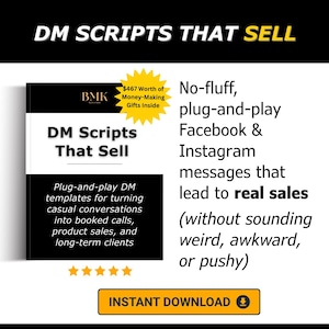 Puede incluir: Un libro titulado "DM Scripts That Sell" con el texto "Plantillas DM plug-and-play para convertir conversaciones informales en llamadas reservadas, ventas de productos y clientes a largo plazo." El libro también tiene una estrella amarilla que dice "430€ en regalos para hacer dinero dentro."