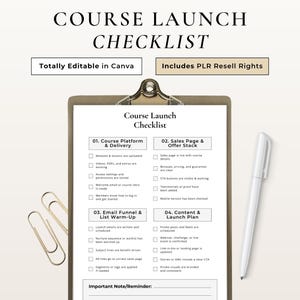 May include: A course launch checklist on a clipboard with a pen, paperclips, and text that reads "Course Launch Checklist." The checklist includes sections for platform, sales, email, and content.