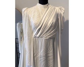White Satin Islamic Wedding Dress with Hijab: Modest Bridal Gown