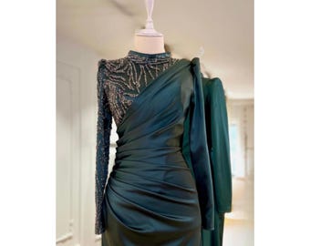 Emerald Green Satin Modest Evening Dress with Matching Hijab