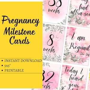 Cartões de Marcos da Gravidez – 26 Cartões para Imprimir em Rosa Claro com Design Botânico | Diário da Barriga de Bebê | Download Digital