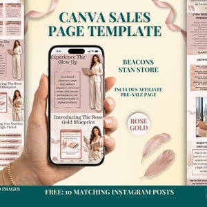 May include: A Canva sales page template displayed on a smartphone screen, featuring rose gold color schemes, text headers like Experience The Glow Up and Introducing The Rose Gold Blueprint, and images of a person in a suit, alongside two feathers.