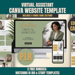 Virtual Assistant Canva Website Template PLR | Editable VA Website Design | VA Landing Page with Bonus Bank | Soft Feminine Aesthetic