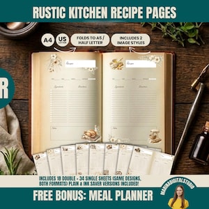 May include: An open recipe book with lined pages, floral decorations, and the text "Rustic Kitchen Recipe Pages." Includes recipe cards, a small bottle, and a pen. The book is on a wooden surface.
