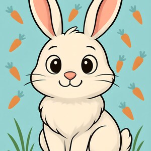 Bunny Rabbit - Cartoon Rabbit with Carrots in the background