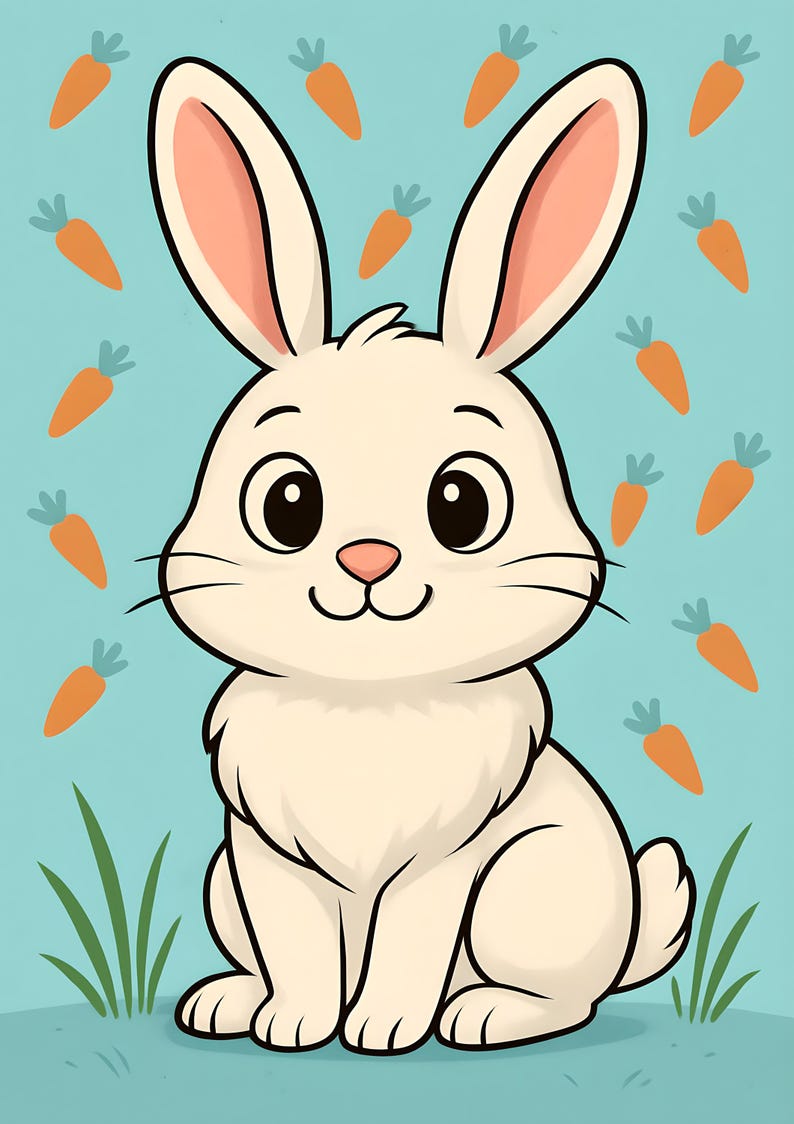 Bunny Rabbit - Cartoon Rabbit With Carrots in the Background - Etsy