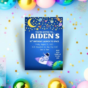 Customizable Editable Birthday Launch to Space Invitation Template, Outer Space and Rocket Ship Astronaut with Planets, Outer Space Invite