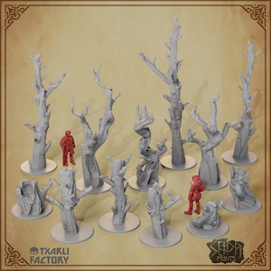 Peut inclure: Ensemble de modèles d'arbres miniatures gris et sans feuilles, adaptés aux jeux de société ou aux décors de maquettes. Deux petites figurines rouges sont incluses pour l'échelle. Les arbres varient en taille et en forme, avec des textures d'écorce détaillées.