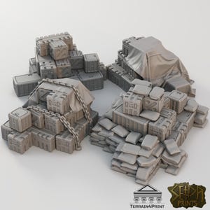 May include: Several grey plastic storage containers, some stacked and others covered with fabric. A metal chain is draped over some of the containers. The image includes the logos of "Terrain4Print" and "Senda Prints".