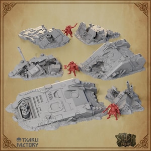 Crashed Tanks – Sci-Fi Tabletop Terrain Set, 6 Pieces for 28-32mm Wargaming Miniatures