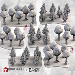 May include: A collection of miniature trees, including deciduous and evergreen varieties, arranged on gray bases. The trees are detailed with textured bark and foliage, suitable for tabletop gaming or model scenery. The image includes the "Battle Builder tech" and "Txarli Factory" logos.