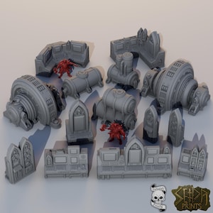 May include: A collection of gray 3D-printed miniature terrain pieces, including industrial-looking structures, gothic-style arches, and cylindrical components. Two small red figures are also present. The pieces are designed for tabletop gaming.