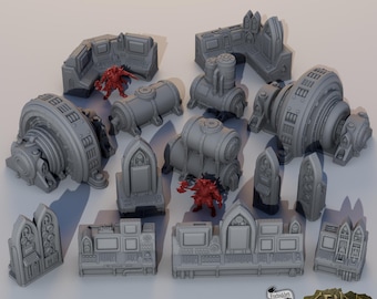 May include: A collection of gray 3D-printed miniature terrain pieces, including industrial-looking structures, gothic-style arches, and cylindrical components. Two small red figures are also present. The pieces are designed for tabletop gaming.
